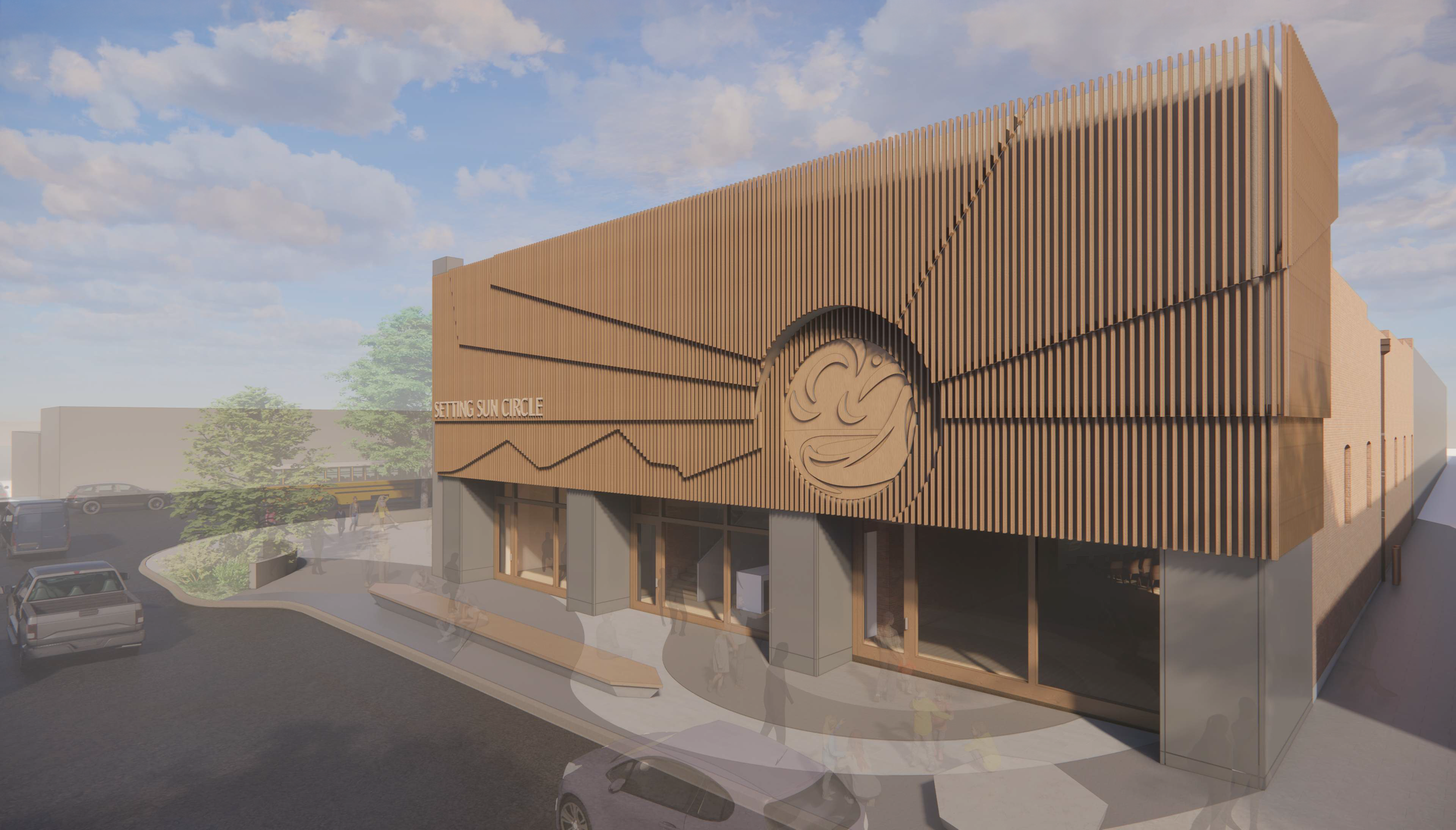 Setting Sun Circle facade rendering, SE corner daytime view