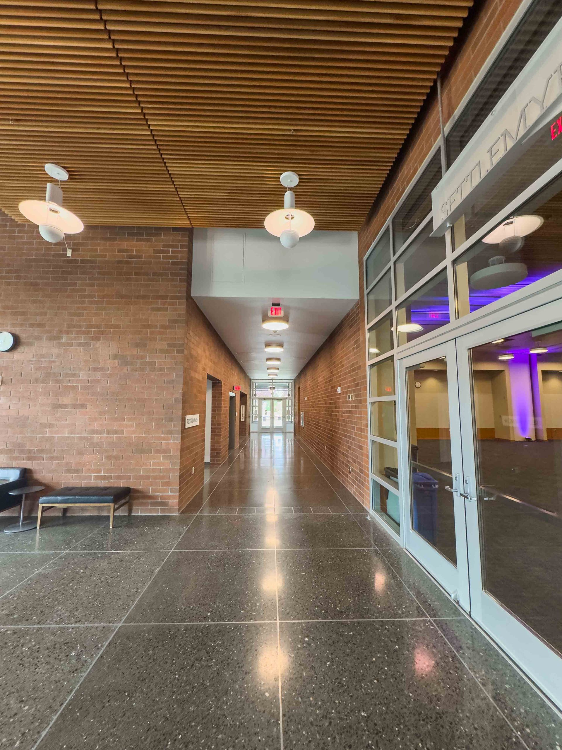 Renovated commons with wood ceiling inside Campus Center at Bellingham Technical College