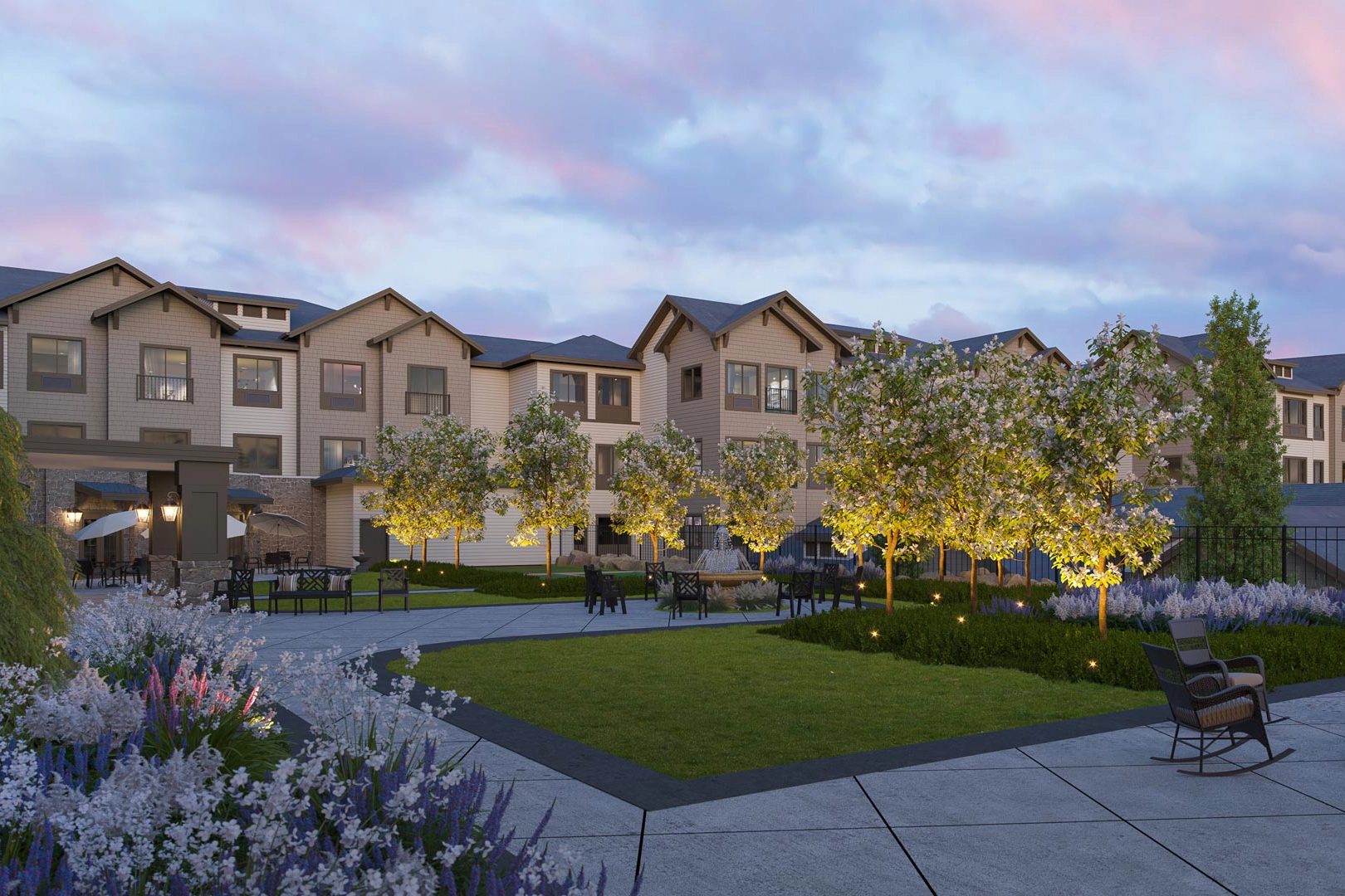 Corner view of the completed senior living community