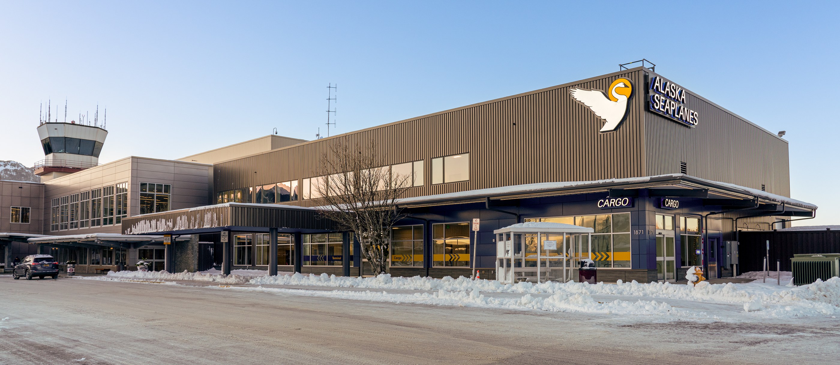 Alaska Seaplanes Terminal exterior with control tower, Juneau, Alaska