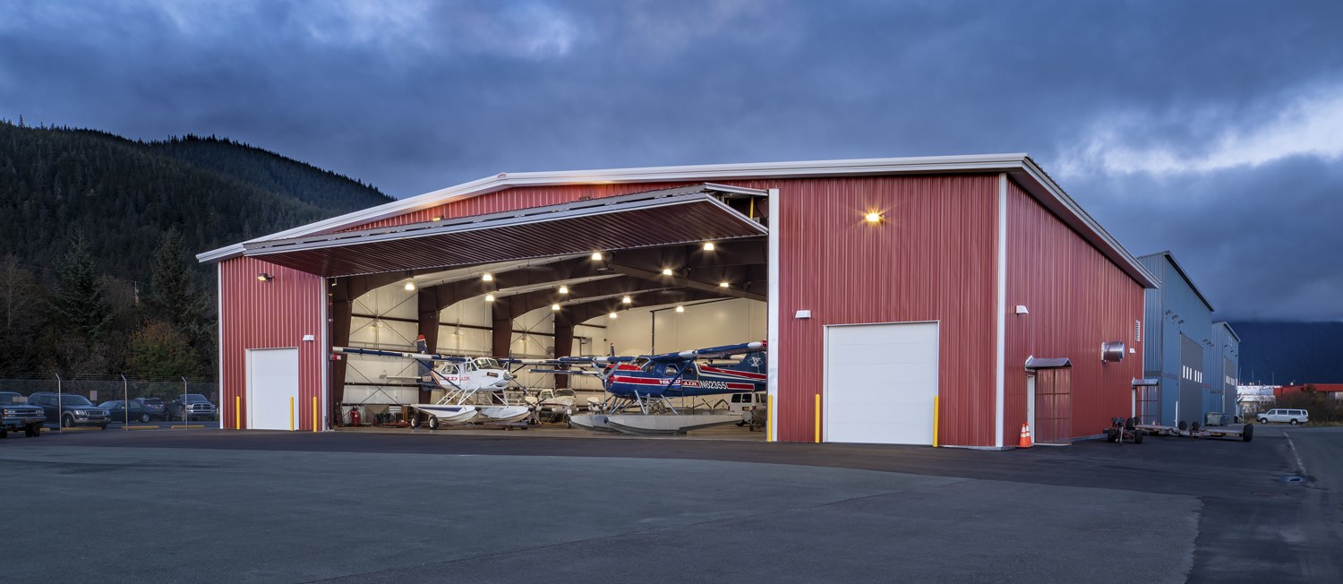 RED Leasing Hangar at dusk in Anchorage, Alaska