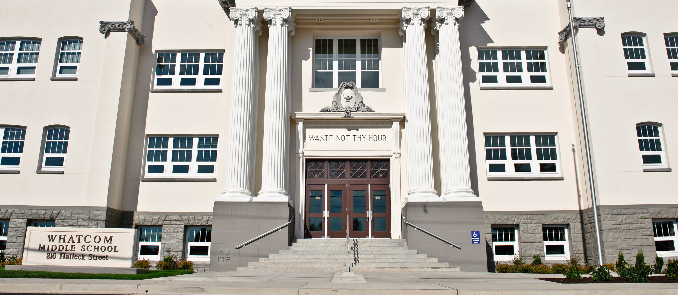 Whatcom Middle School main entrance in Bellingham, Washington