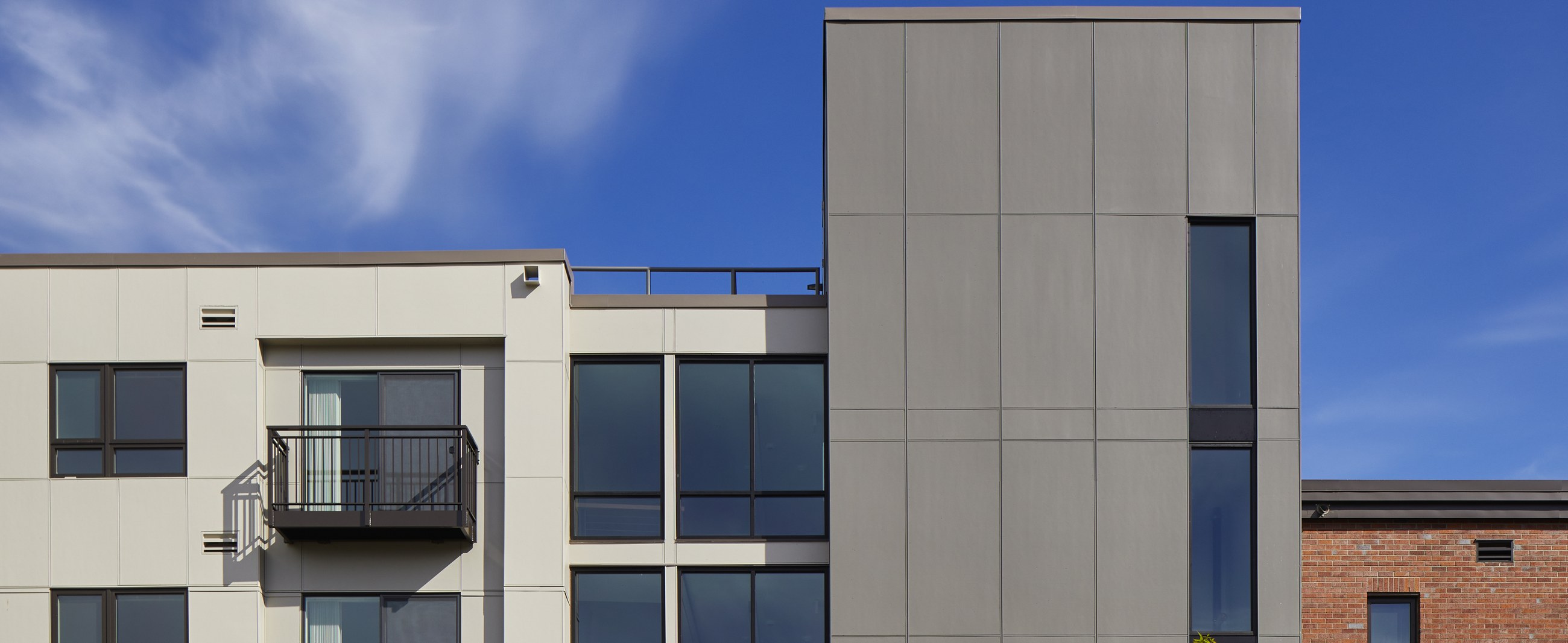 Samish Commons residential facade with balconies and mixed cladding