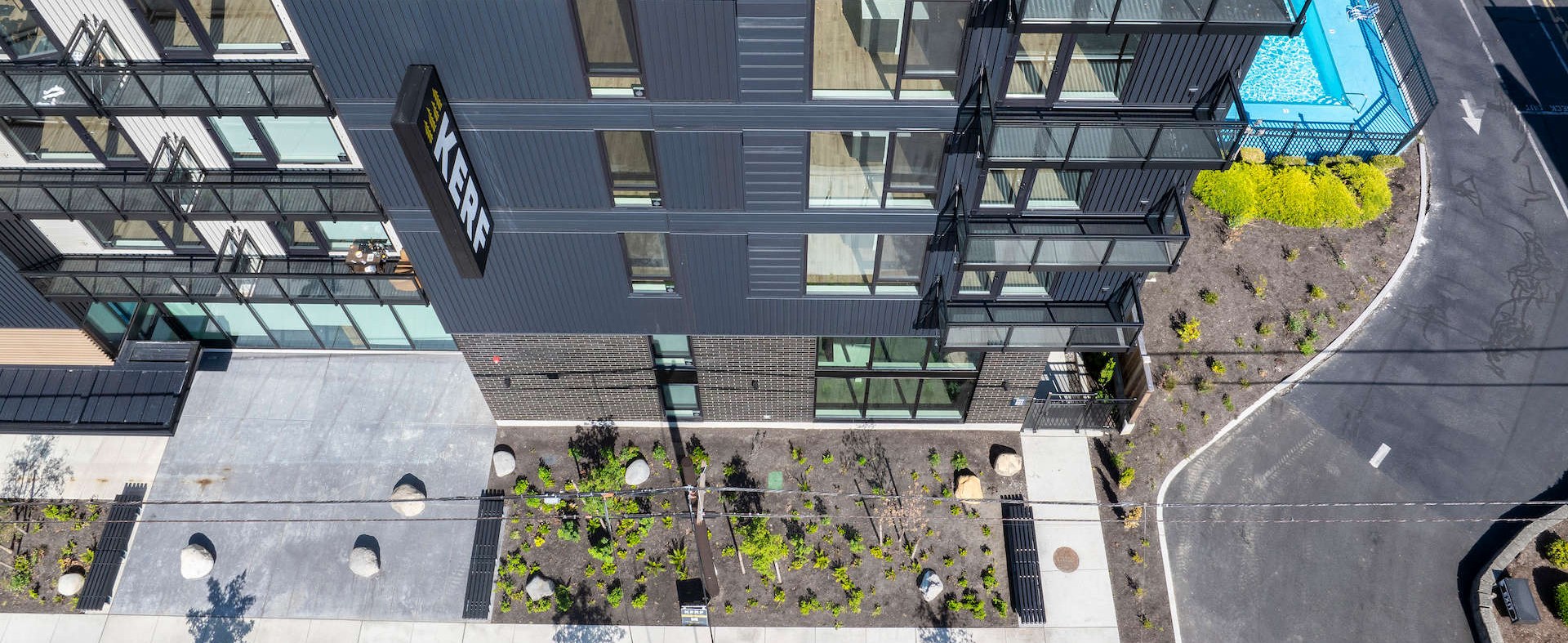 KERF Apartments aerial exterior, 208 North Samish Way, Bellingham
