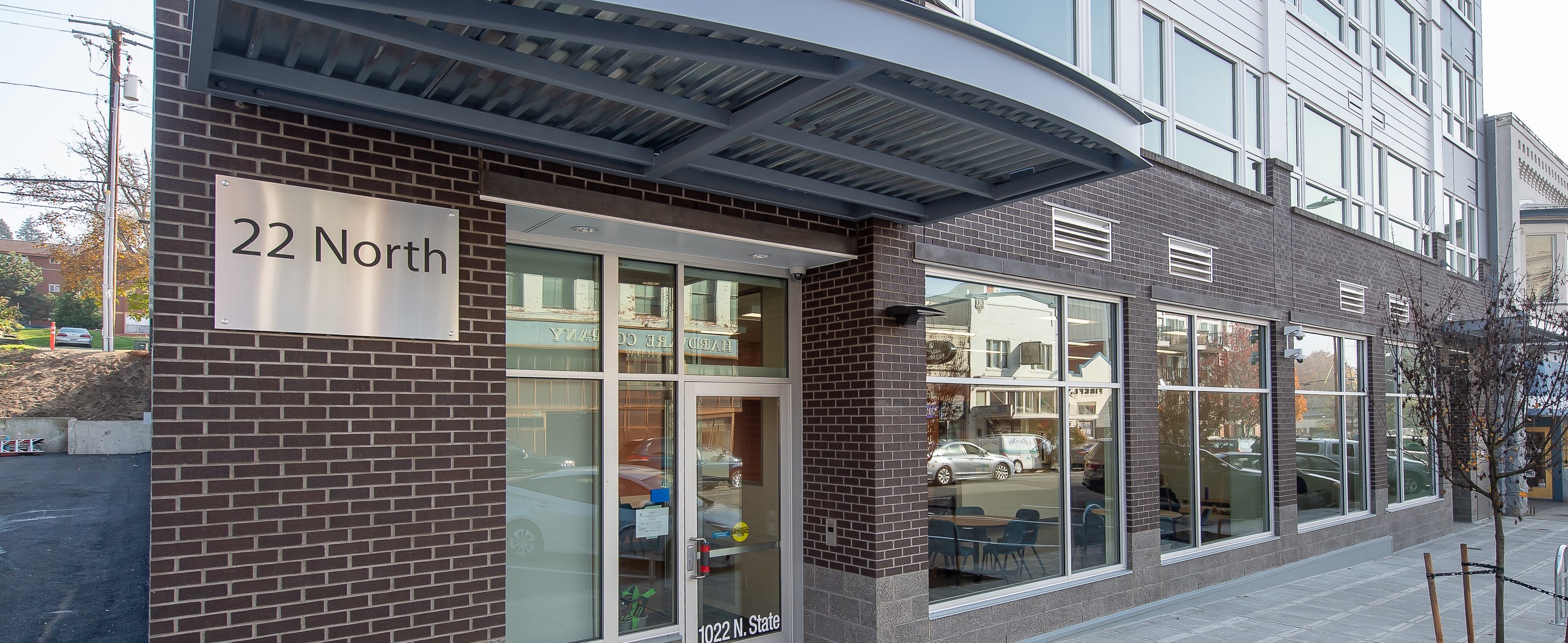 22 North branded entrance and ground-floor storefront, Bellingham