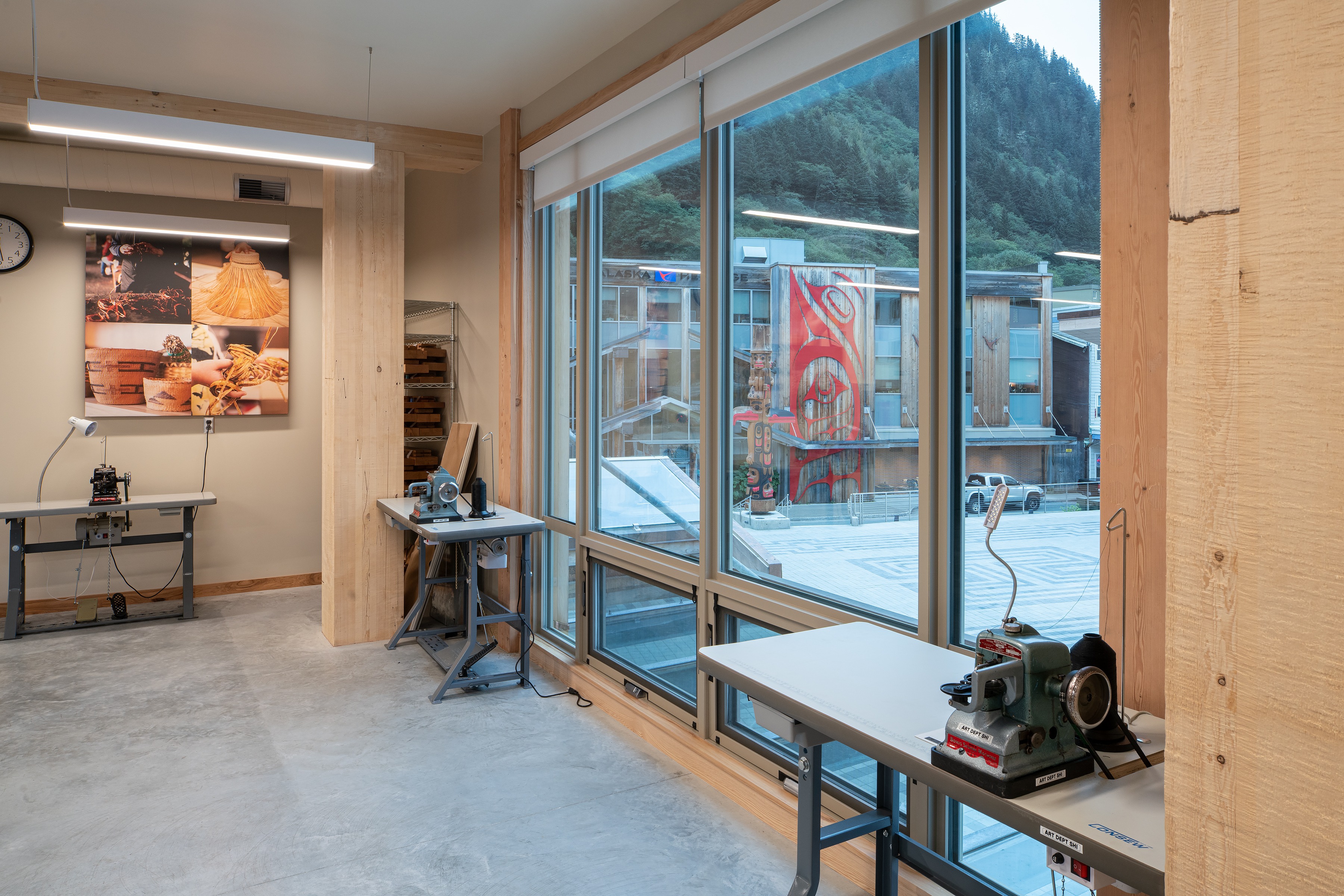 Arts Campus studio with mountain views through floor to ceiling glass