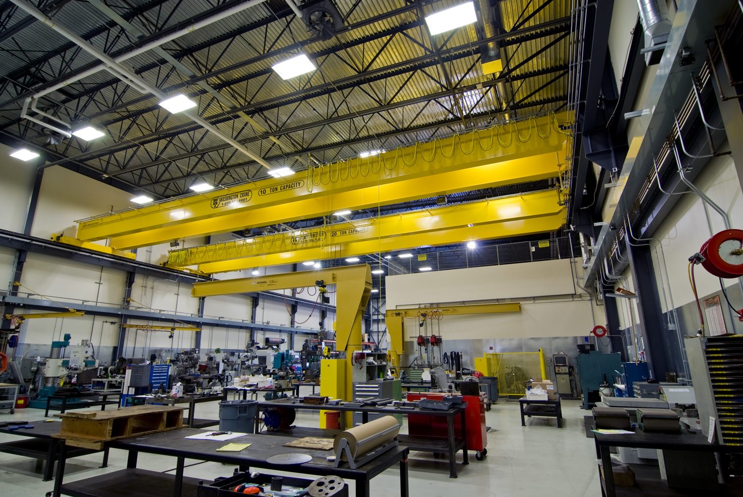 Machine shop bay with twin overhead bridge cranes inside the BP Cherry Point maintenance facility