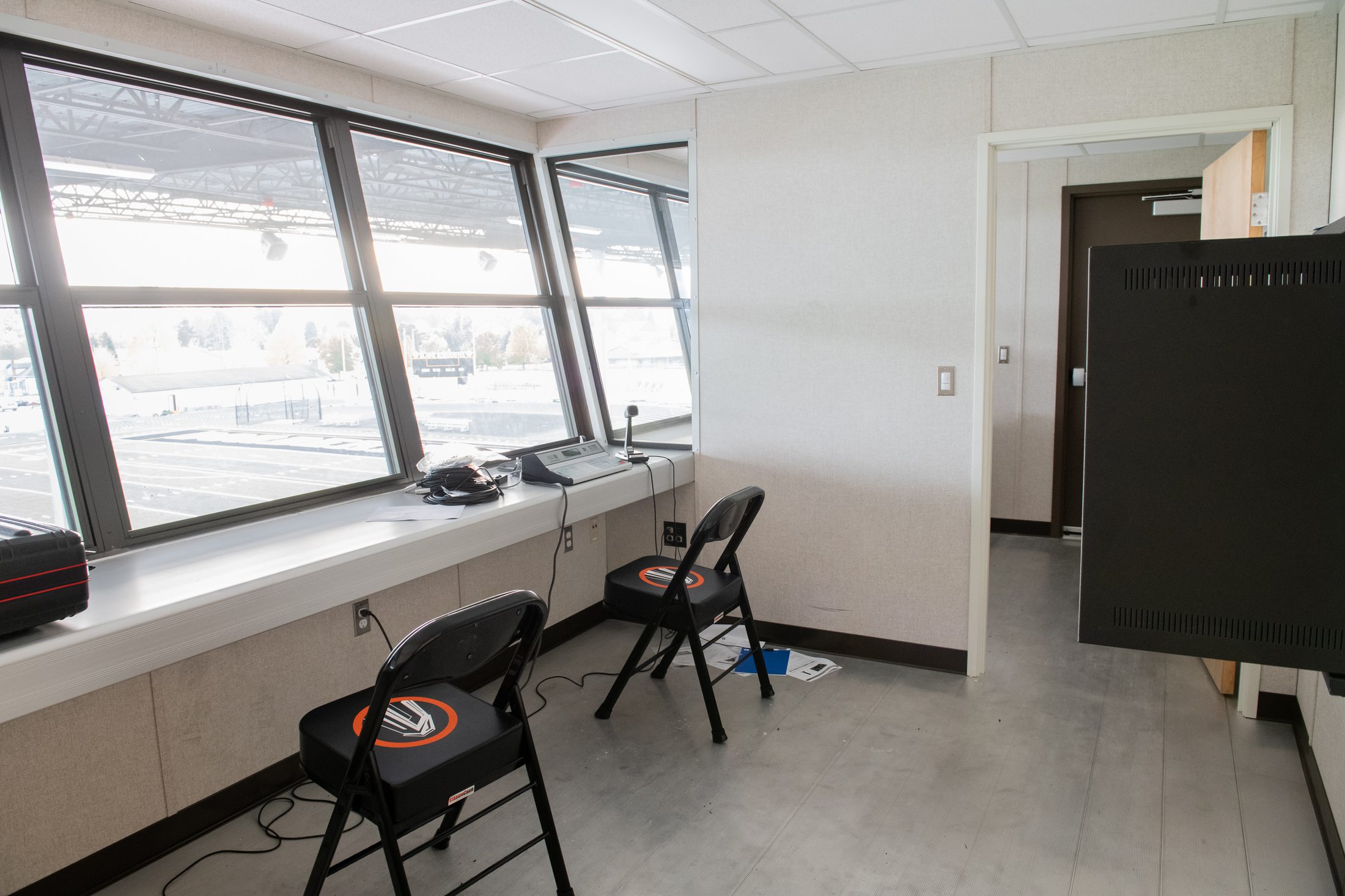 Press box interior overlooking the Blaine High School football field