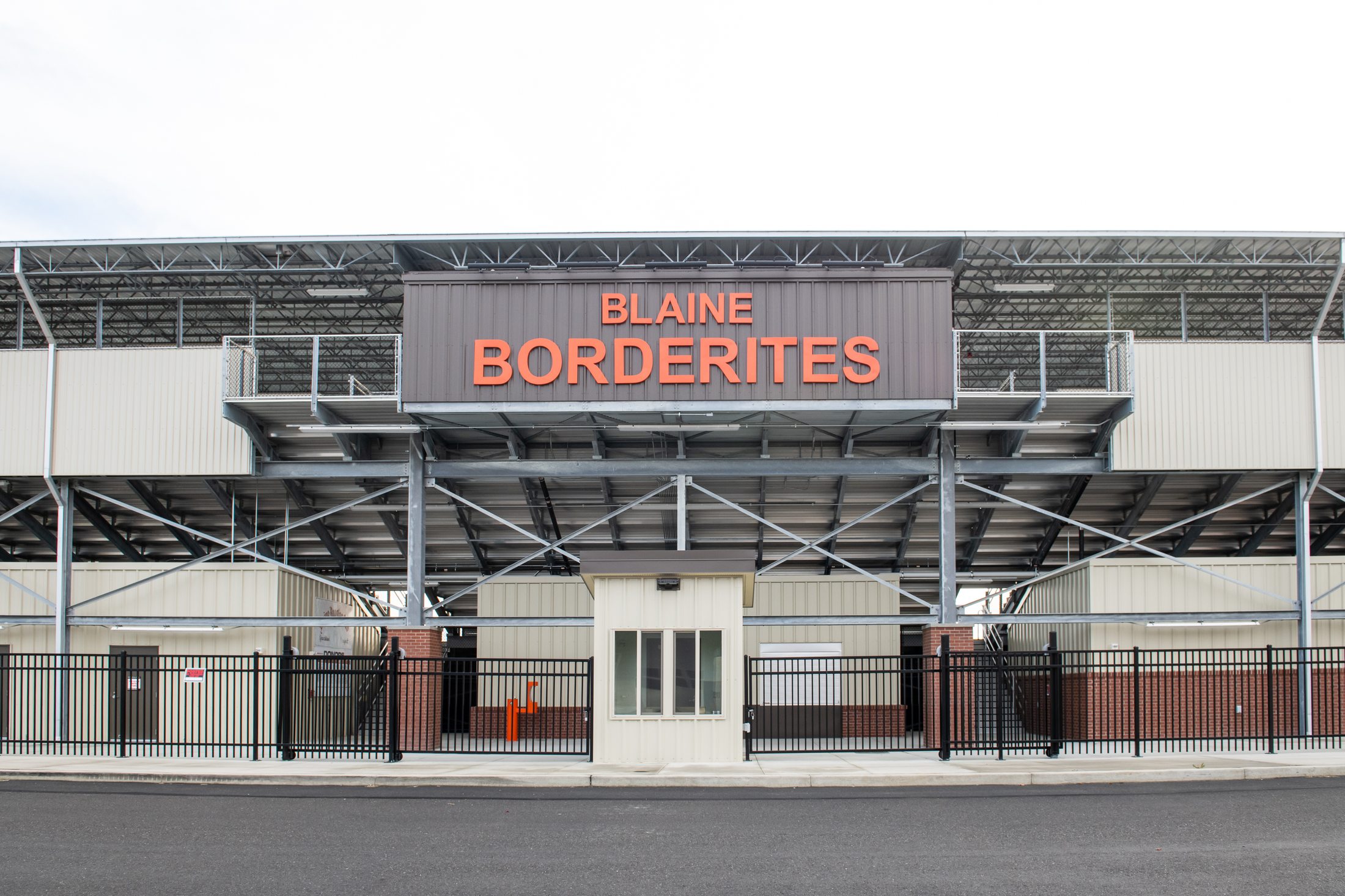 Blaine Borderites signage above the grandstand entry gates and ticket booth