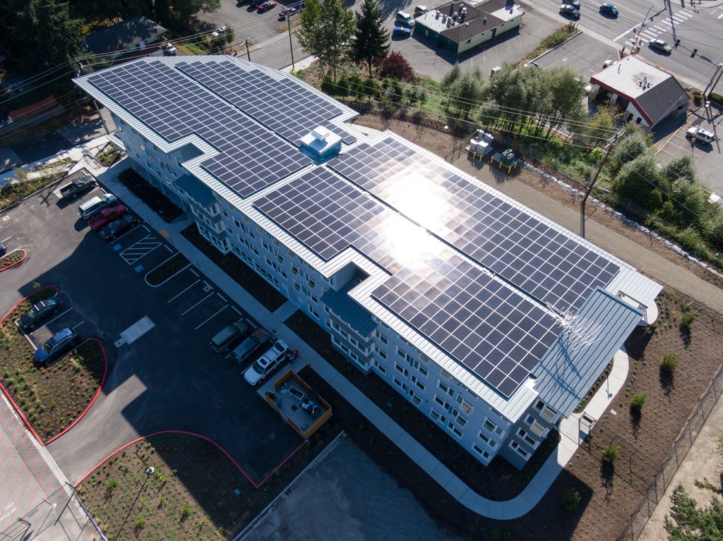 Aerial view of Clare's Place showing the rooftop solar array, Everett, Washington