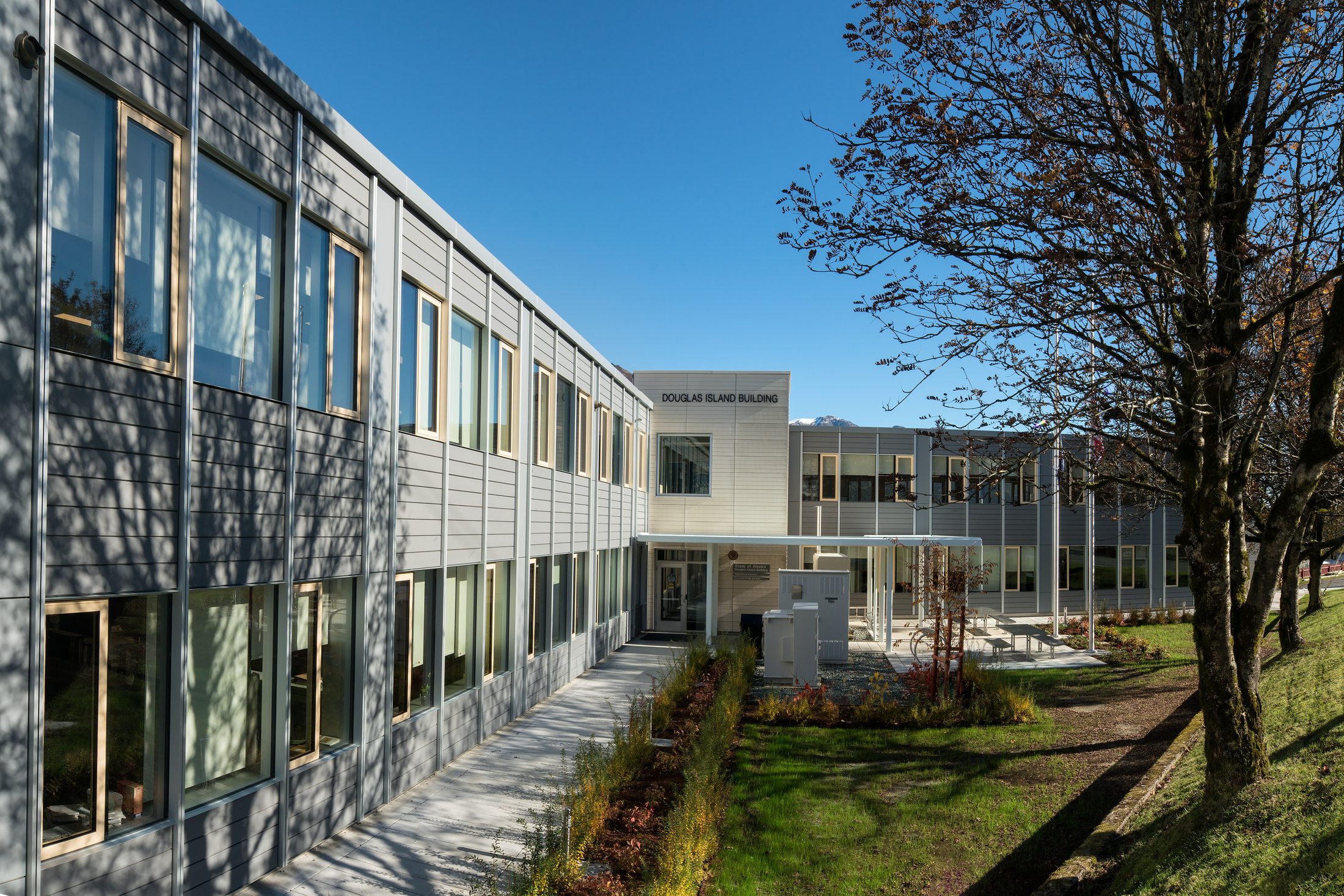 Landscaped central courtyard between the renovated wings of the Douglas Island Building, Juneau