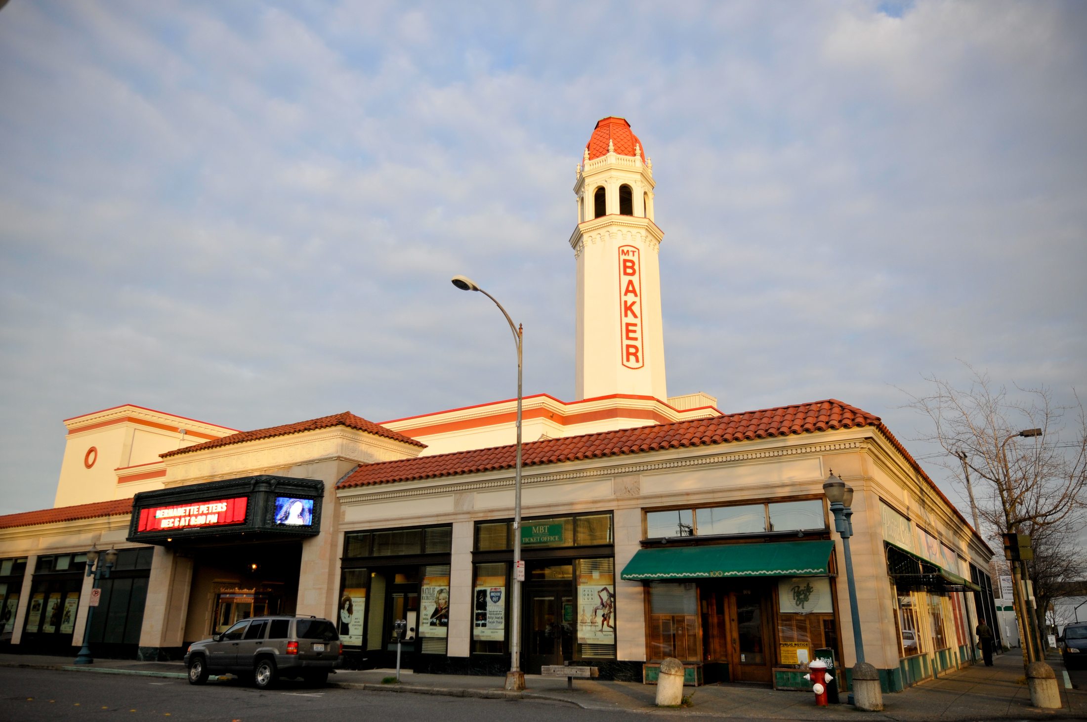 Mt. Baker Theatre's landmark tower and marquee above the renovated Commercial Street corner, Bellingham