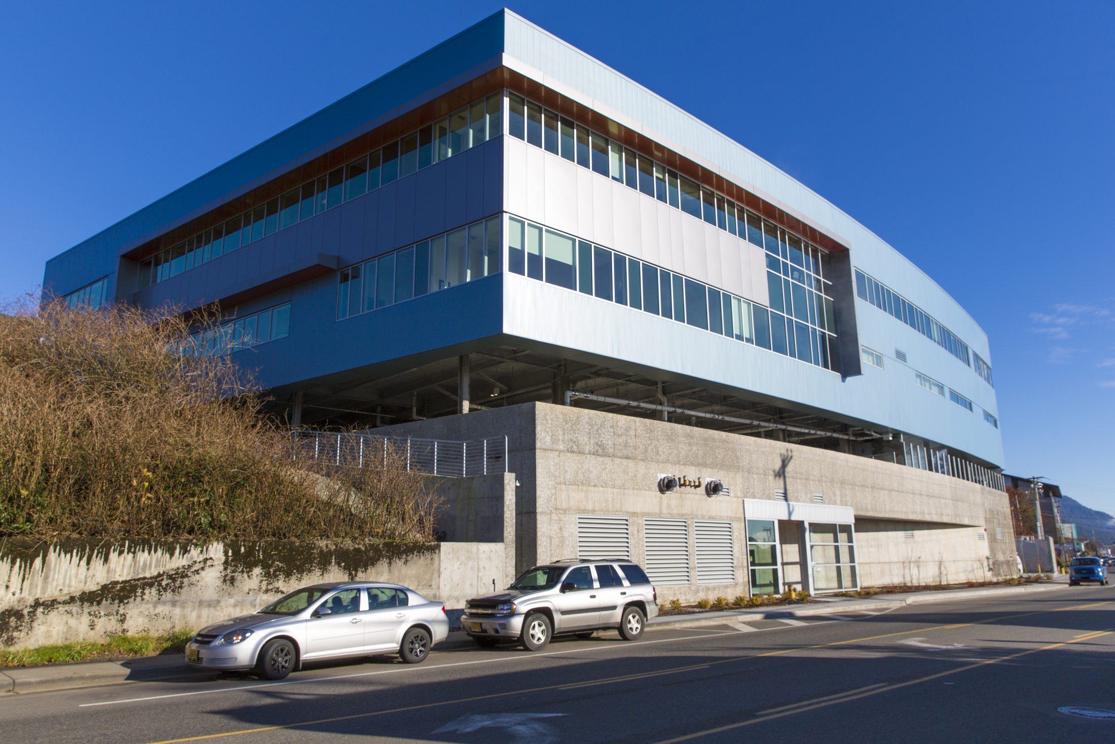 The four-story PeaceHealth Ketchikan Medical Center addition rising above its parking structure