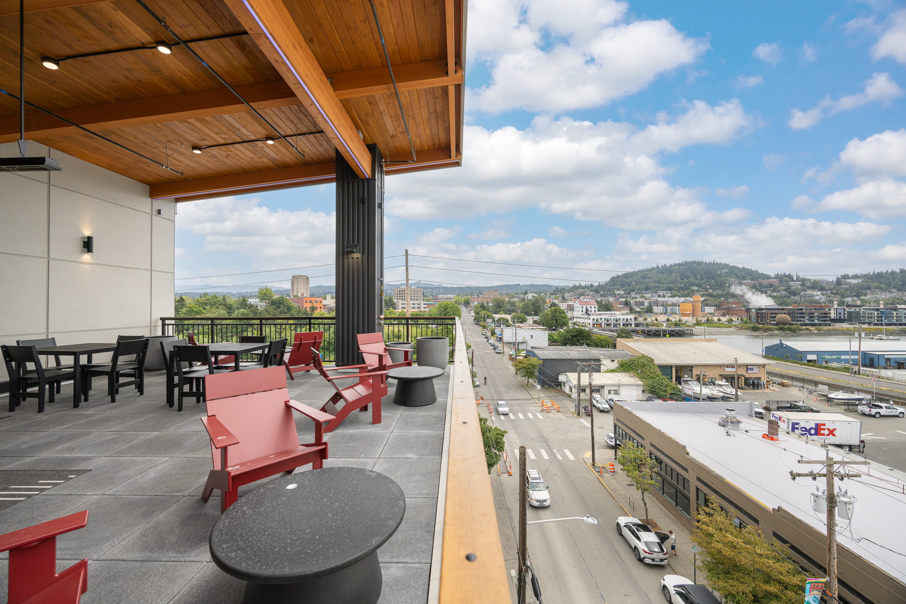 Rooftop deck at Block 6 with views over Bellingham