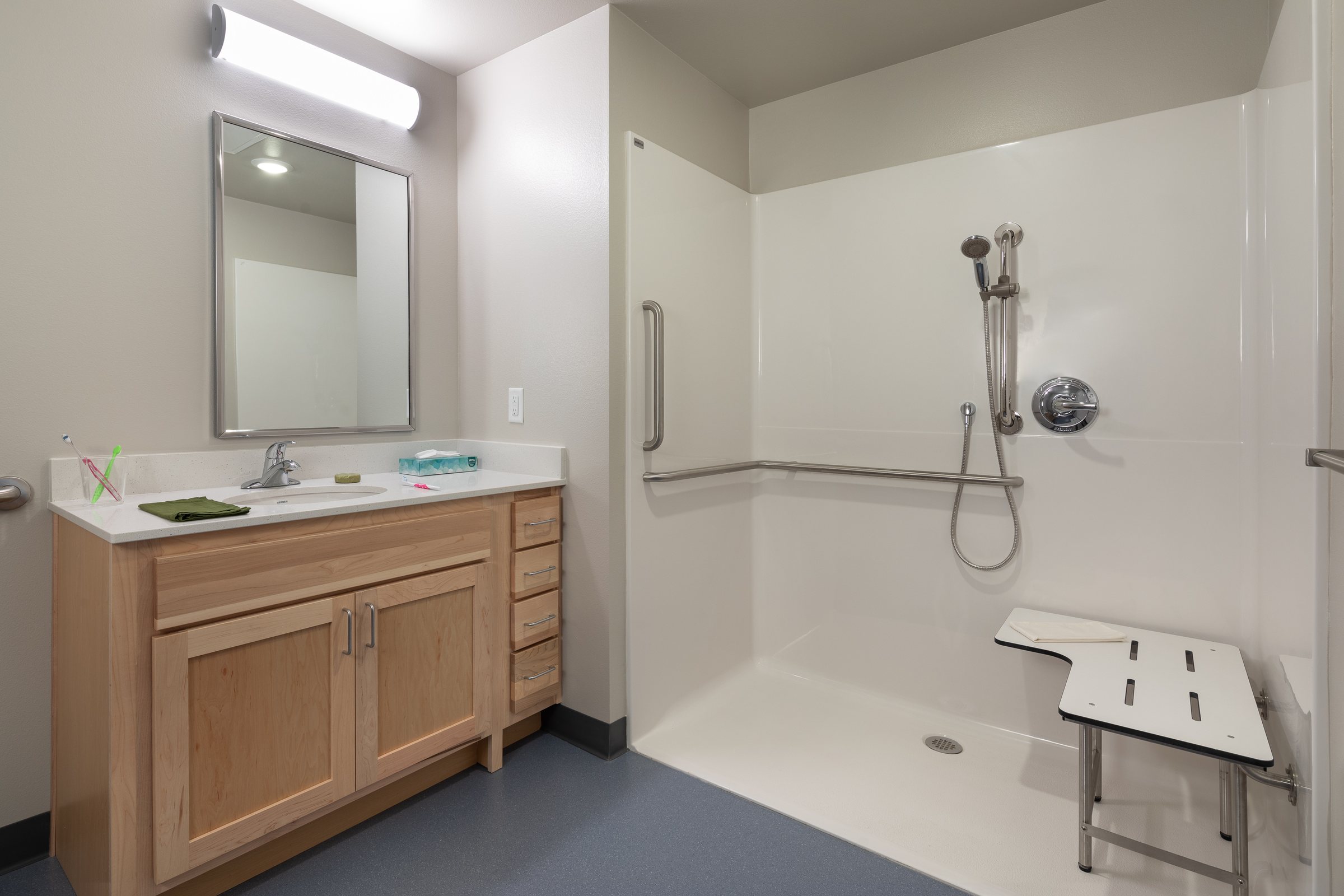 Accessible bathroom with a roll-in shower and fold-down seat at Ballington Flats