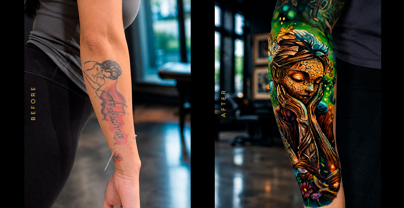 Before and after cover-up of an old forearm tattoo turned into a color realism woman framed by nature