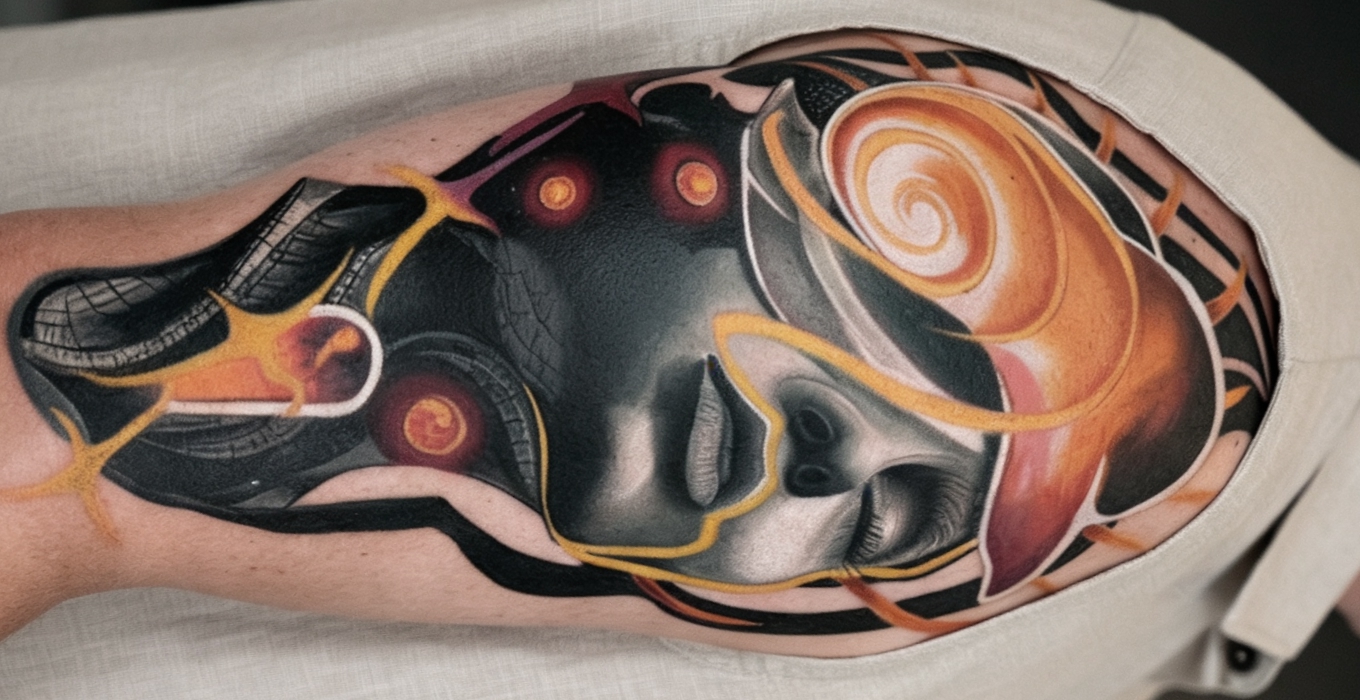 Surrealism arm tattoo of a fragmented sleeping face with orange swirls and red glowing orbs in Tampa
