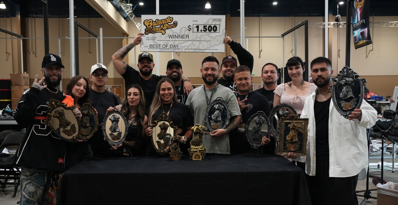 The Secret Tattoo Studio artists celebrating their awards and Best of Day check at the Orlando Tattoo Show 2026