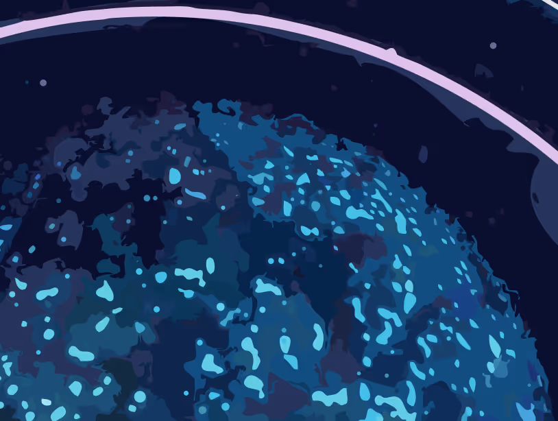 Close-up vector illustration of a blue textured planet with a pink curved ring on a dark space background.