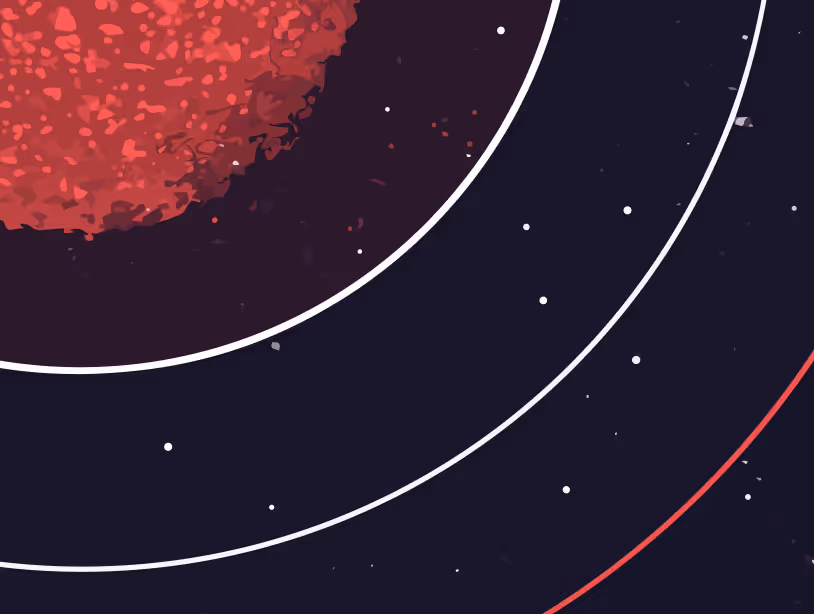 Red textured planet partially shown with concentric white and red orbital lines on a dark starry background.