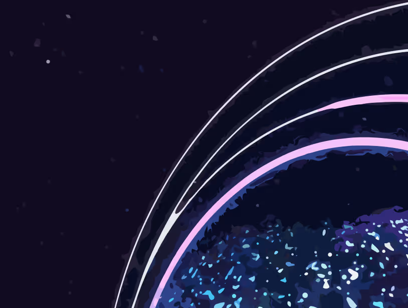 Abstract illustration of a dark planet with glowing rings against a dark space background.
