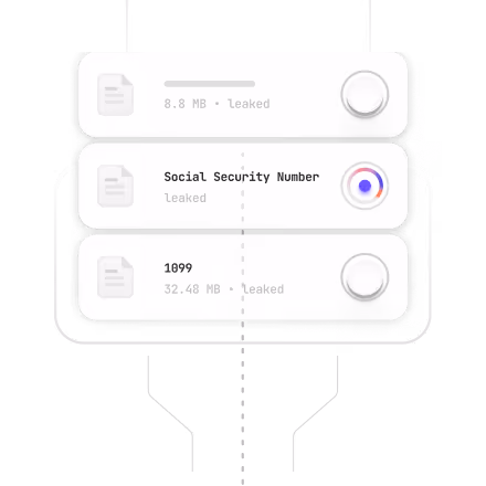 User interface screen showing alerts with a document and warning icons, plus Social Security number leak alert.