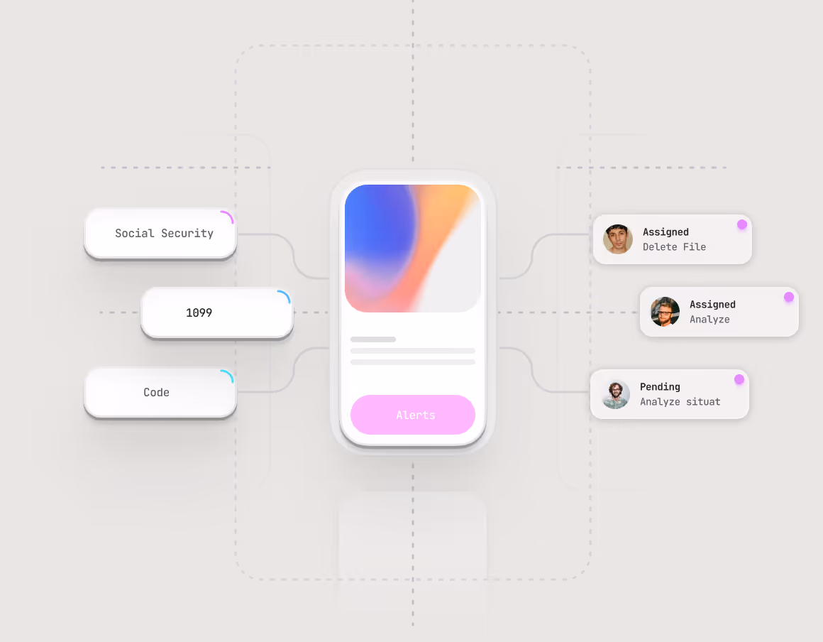Mobile screen with alerts connected to Social Security, 1099, Code, and assigned or pending tasks with user photos.