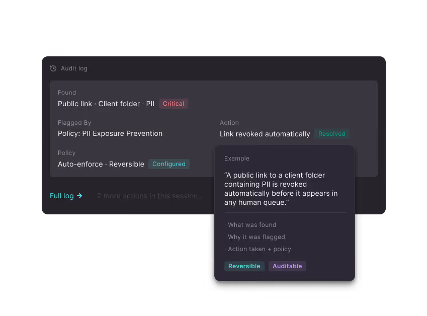 Teleskope audit log showing a public link to PII auto-revoked and resolved before human review