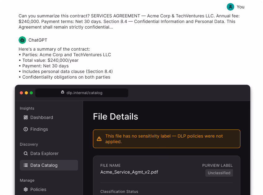 ChatGPT summarizes a contract with annual fee, payment terms, confidentiality; file details show no DLP policy applied.
