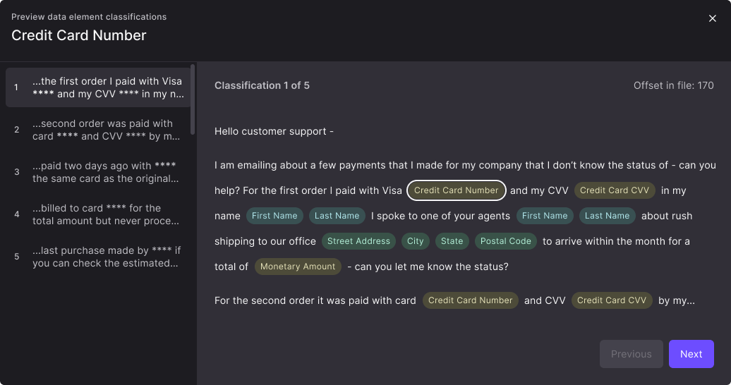 Example: Previewing the context around a credit card number classification.