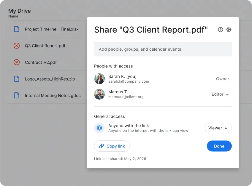 Prevent Data Exposure — A client folder is set to "anyone with the link"