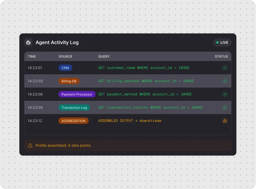 An AI agent pulls a name from one system, an address from another, account details from a third. Individually, none of these queries triggers a risk alert. Together, the agent has assembled a complete customer profile.