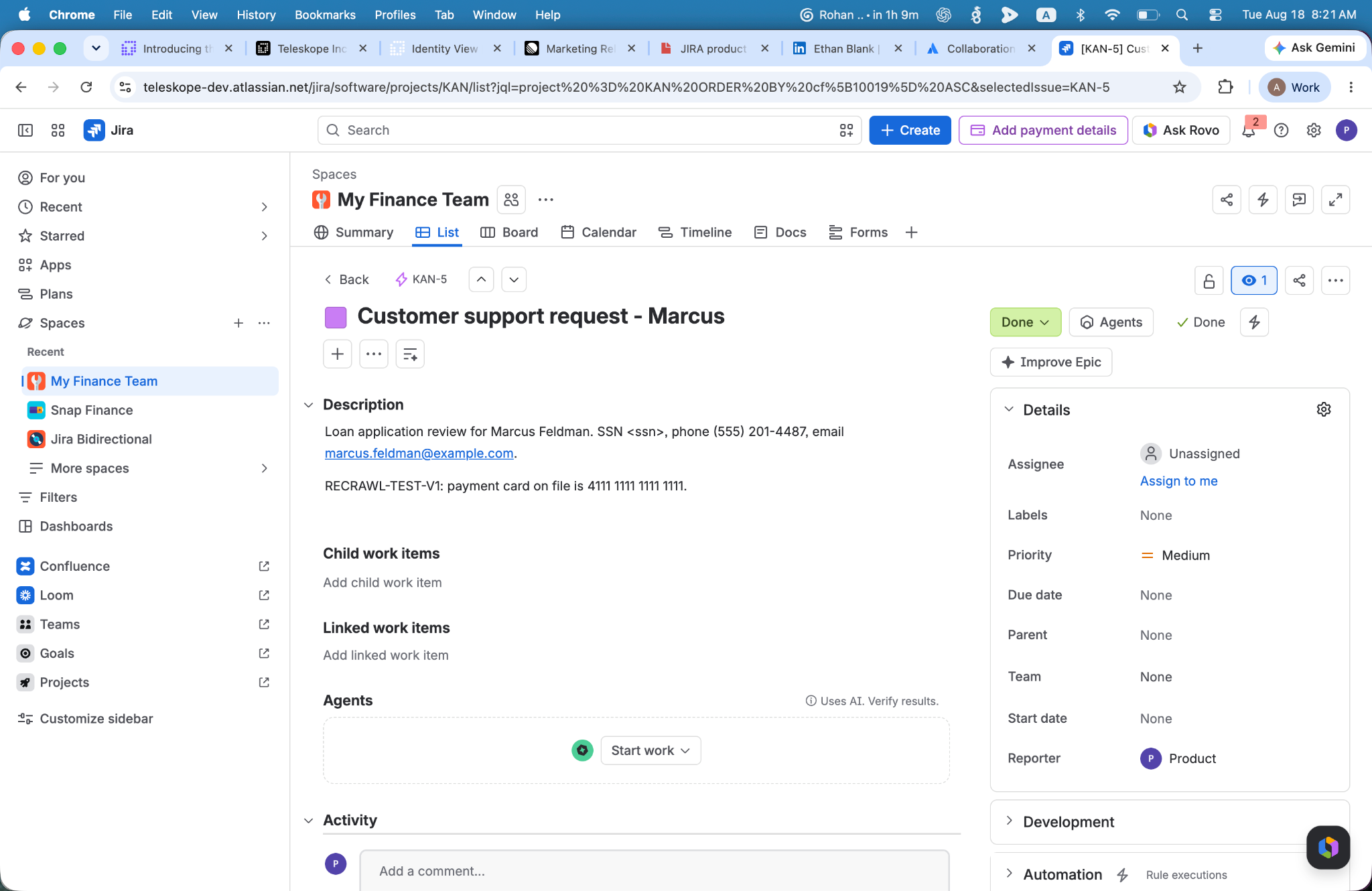 Jira ticket description containing a customer SSN, phone number, email address, and payment card number