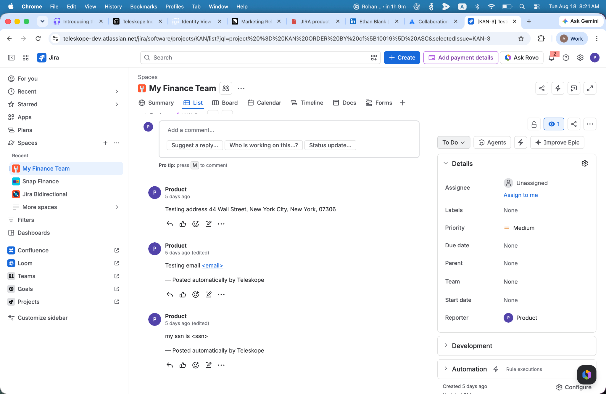 Jira comment thread with SSN and email values replaced by placeholders after Teleskope redaction