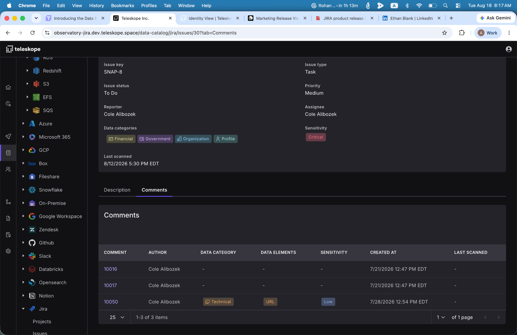Teleskope data catalog showing a Jira issue classified Critical across financial, government, organization, and profile data categories