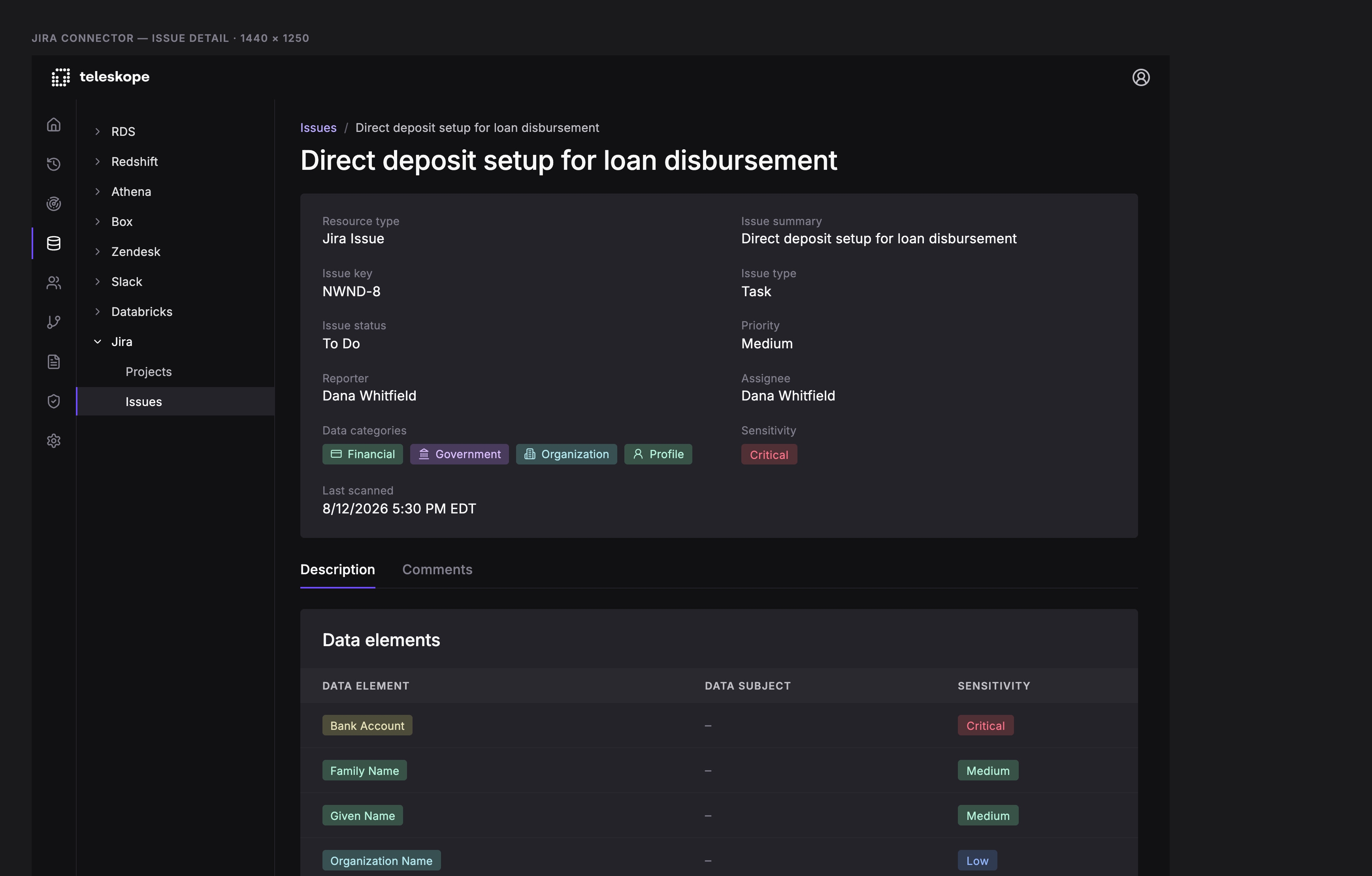 Teleskope data catalog showing a Jira issue classified Critical across financial, government, organization, and profile data categories