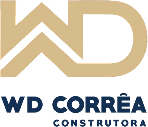 Logotipo da WD Corrêa Construtora com letras douradas estilizadas e texto em azul escuro.