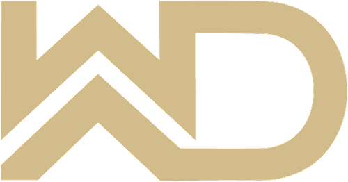 Símbolo dourado estilizado combinando as letras W e D.