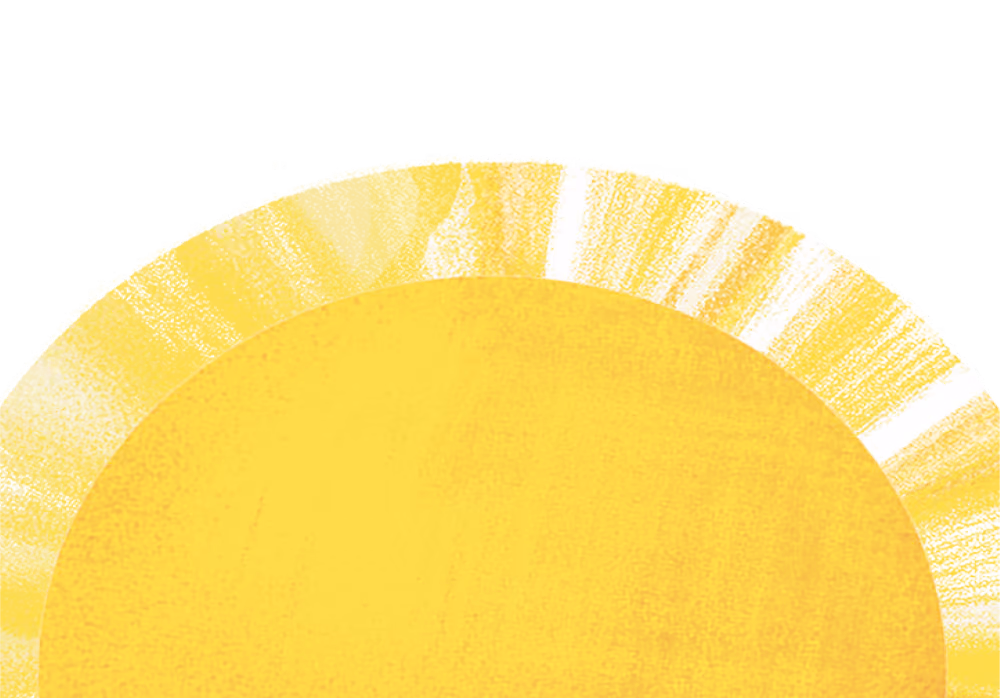Illustration of a bright yellow sun with textured rays radiating outward on a transparent background.