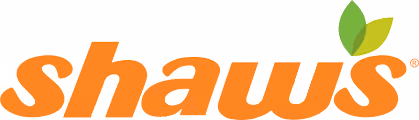 The word 'shaws' in orange lowercase letters with two green leaves above the letter s.