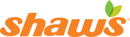 The word 'shaws' in orange lowercase letters with two green leaves above the letter s.