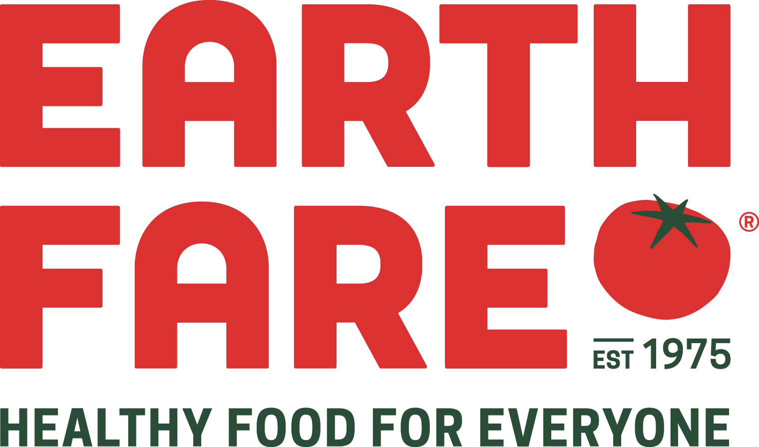 Earth Fare logo with a red tomato and text Healthy Food for Everyone established 1975.