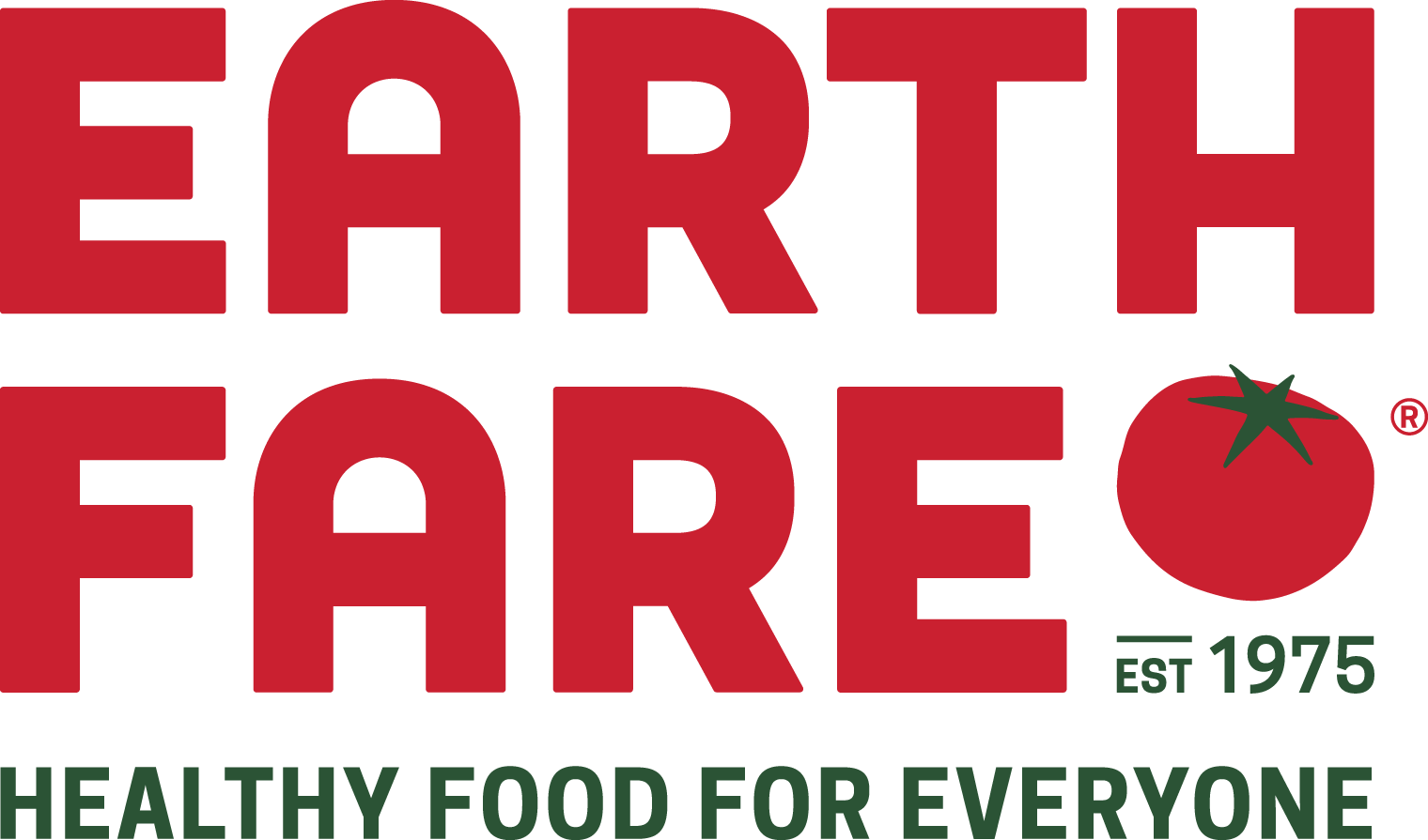 Earth Fare logo with a red tomato and text Healthy Food for Everyone established 1975.