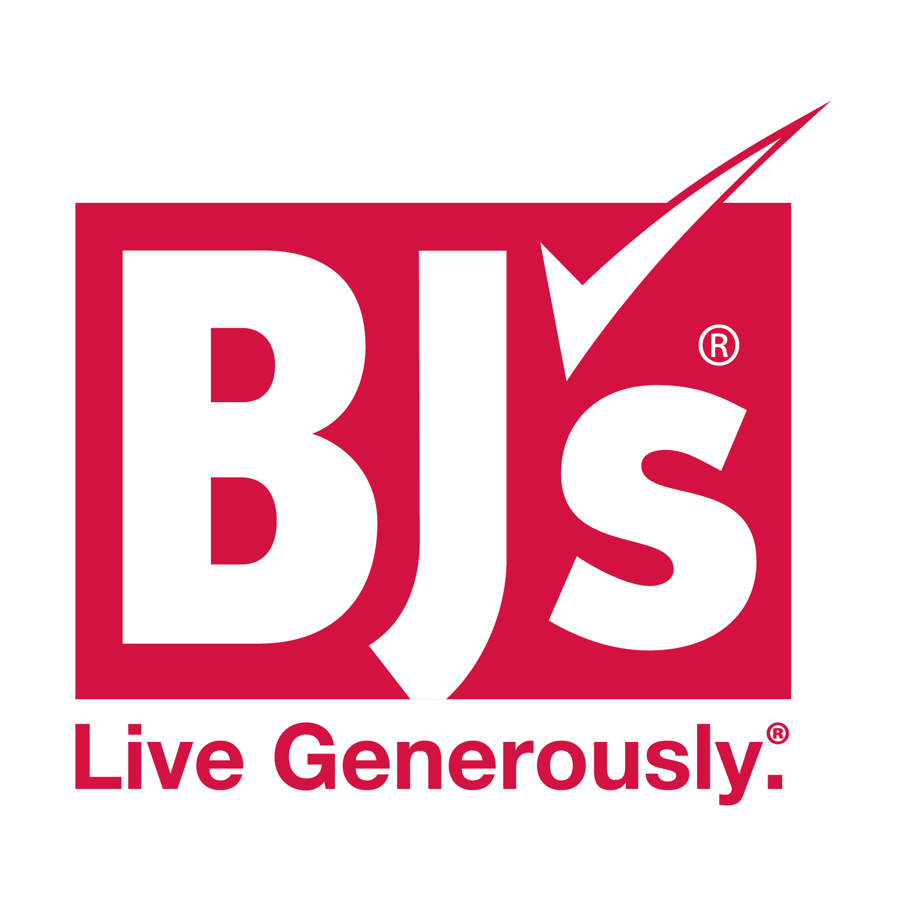 BJ's logo with red background and white text, featuring a check mark and slogan Live Generously.