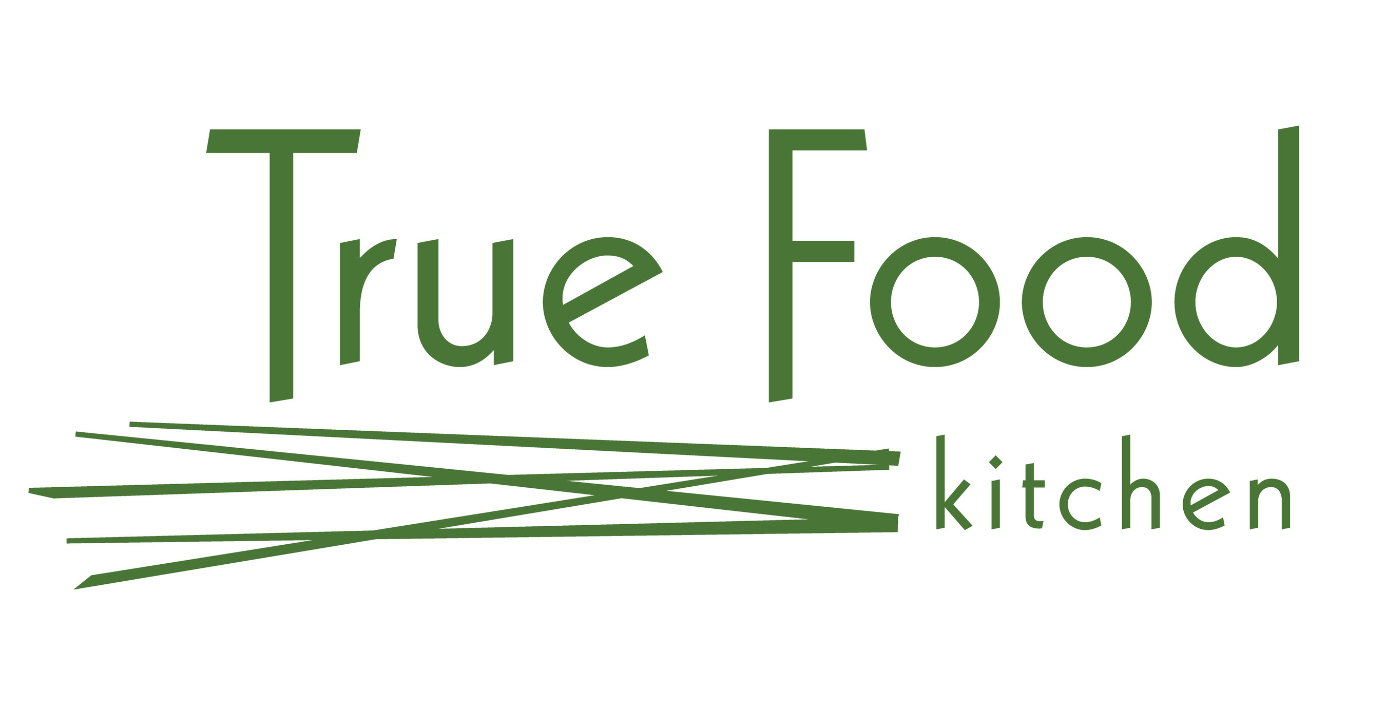 True Food Kitchen logo with stylized green text and abstract line design beneath it.