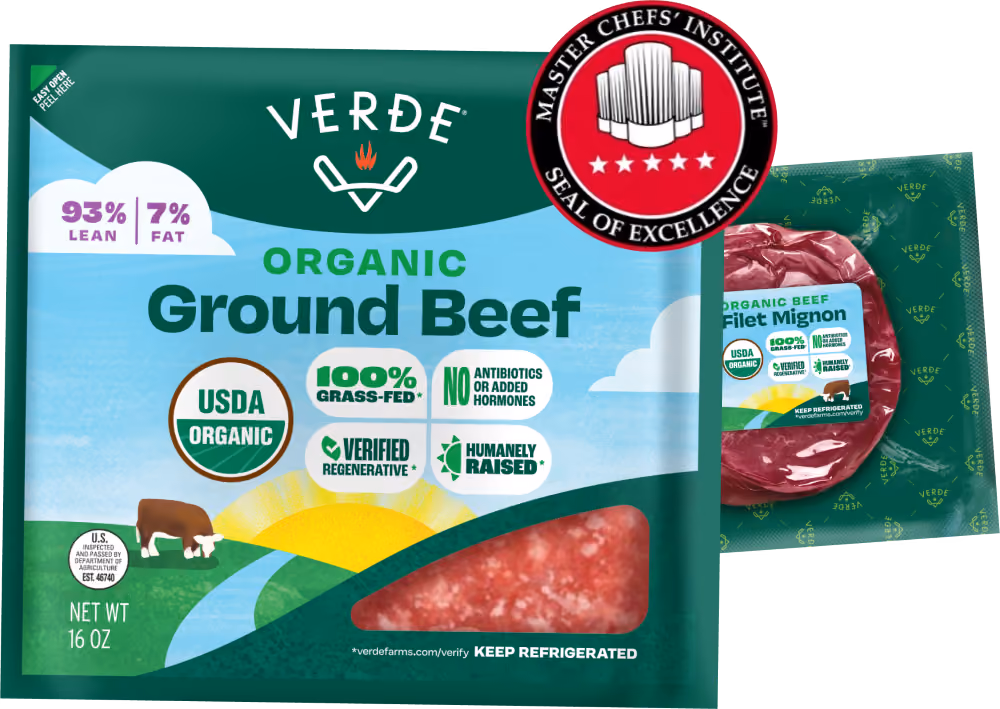 Package of Verde Organic Ground Beef labeled 93% lean, 7% fat with USDA Organic, 100% grass-fed, no antibiotics or added hormones, verified regenerative, and humanely raised certifications, alongside a smaller package of Organic Beef Filet Mignon.