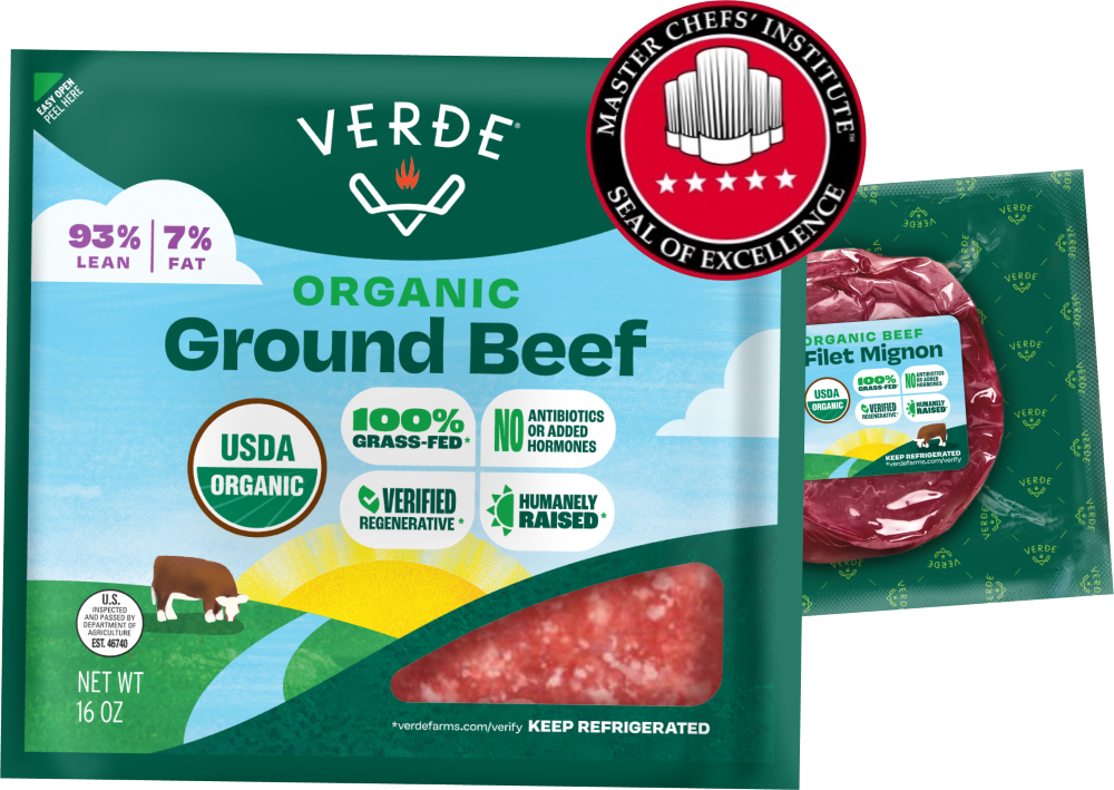 Package of Verde Organic Ground Beef labeled 93% lean, 7% fat with USDA Organic, 100% grass-fed, no antibiotics or added hormones, verified regenerative, and humanely raised certifications, alongside a smaller package of Organic Beef Filet Mignon.