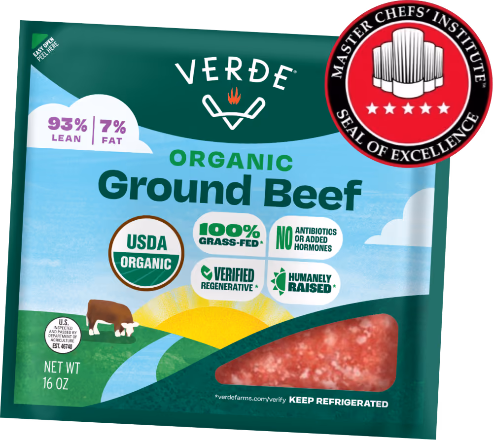Package of Verde Organic Ground Beef, 93% lean and 7% fat, USDA Organic, 100% grass-fed, no antibiotics or added hormones, verified regenerative, humanely raised, 16 oz, with Master Chefs' Institute Seal of Excellence.