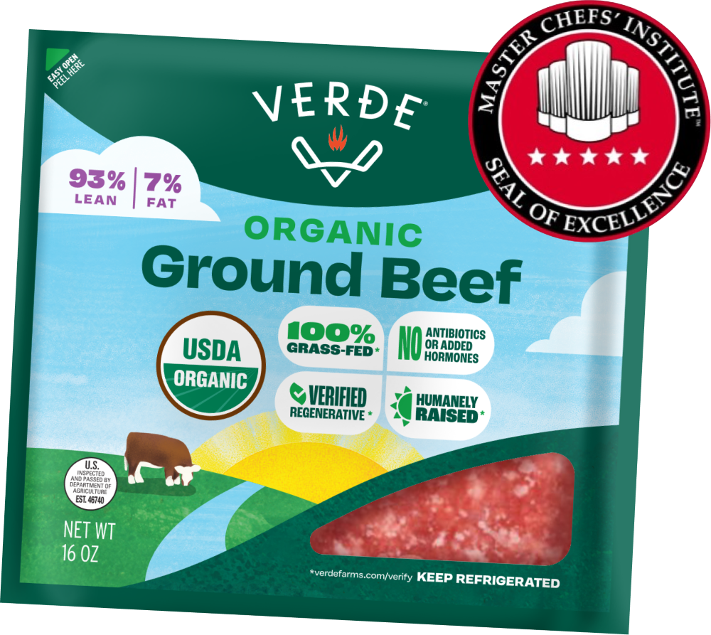 Package of Verde Organic Ground Beef, 93% lean and 7% fat, USDA Organic, 100% grass-fed, no antibiotics or added hormones, verified regenerative, humanely raised, 16 oz, with Master Chefs' Institute Seal of Excellence.