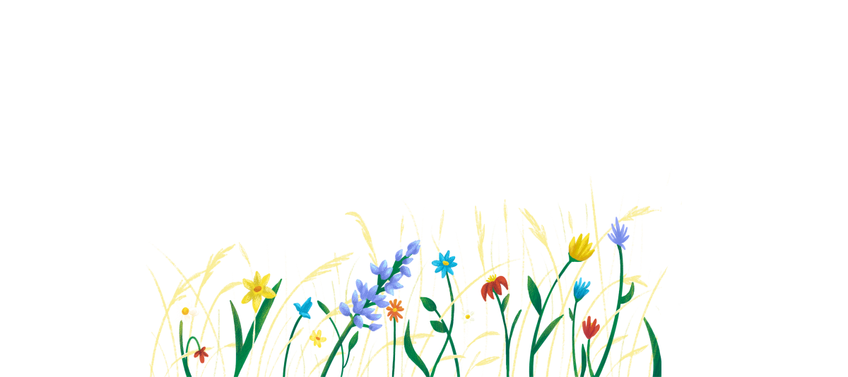 Colorful wildflowers and tall grasses on a light background.